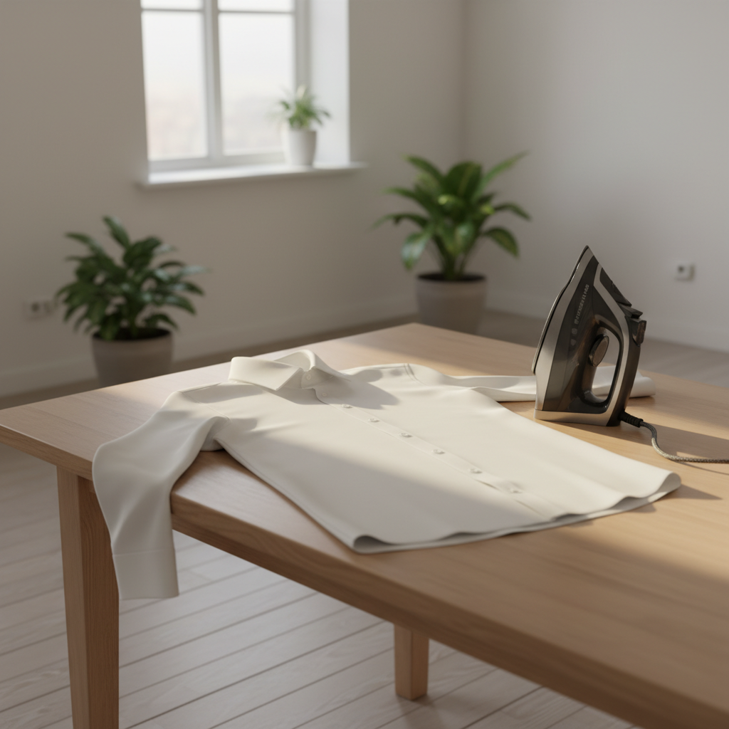 White dress shirt laid flat next to an unplugged iron — the shirt needs no ironing Image