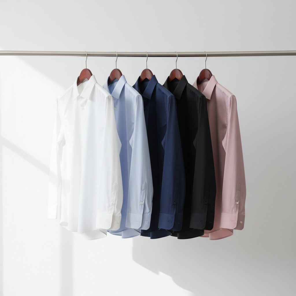 Five premium wrinkle-free dress shirts in white light blue navy black and pink on wooden hangers