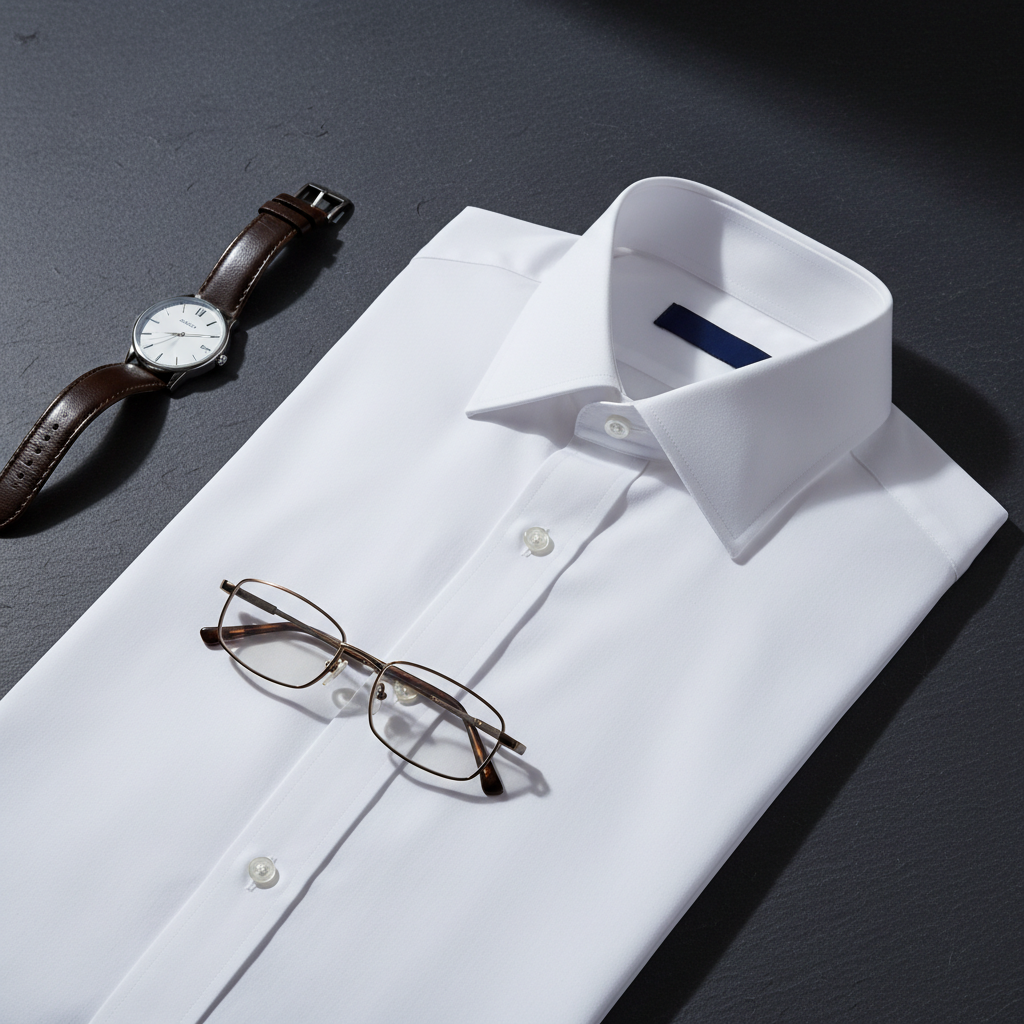 Premium non-iron white dress shirt flat-lay on dark slate surface