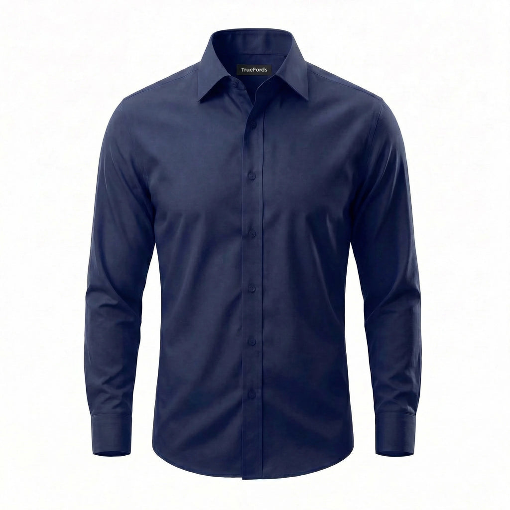 TrueFords non-iron shirt rolled in hand showing wrinkle recovery